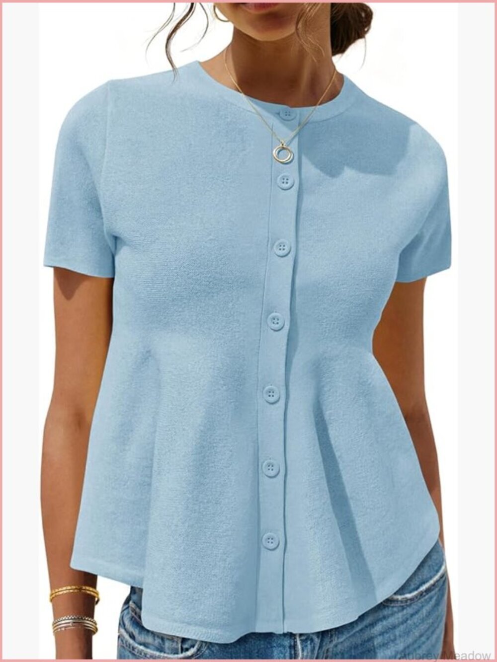 Short Sleeve Cardigan Ruffle Button Down Crew Neck Peplum Babydoll Knit Sweater